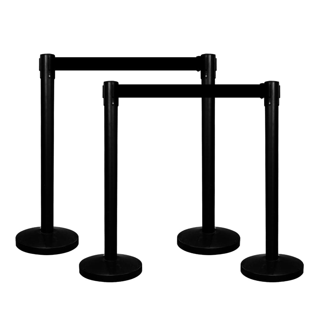 Queue Barrier with 3Meter Retractable Belt | Black Crowd Control Post with Weighted Base | 4-Way Connectable Stanchion with Powder-Coated Iron Finish for Queue Management & Events - Set of 4
