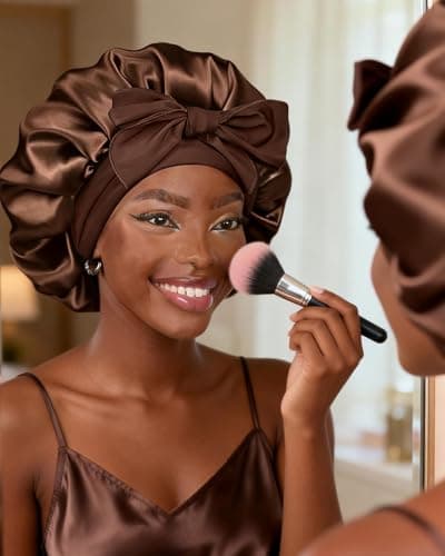 YANIBEST Satin Bonnet for Sleeping, Double Layer Satin Lined, Tie Band, Women's Brown, Large