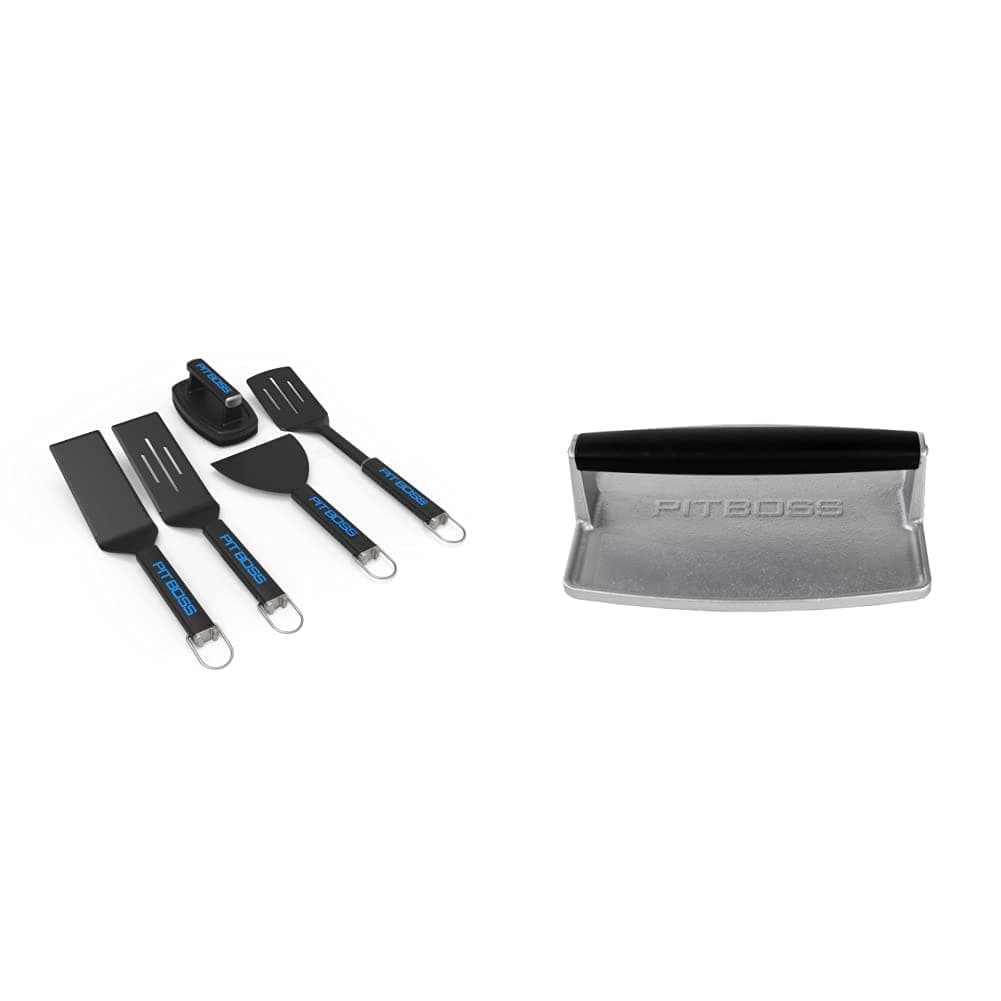 PIT BOSS Ultimate Griddle Tool Kit 5-Piece, Black & 40431 Griddle Press, Silver