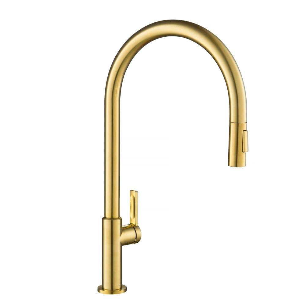 KRAUS Oletto High-Arc Single Handle Pull-Down Kitchen Sink Faucets in Brushed Brass, Kitchen Faucets with Pull Down Sprayer, KPF-2821BB