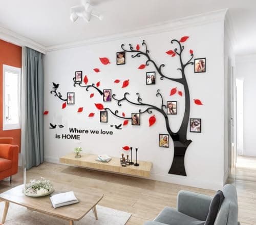 3D Tree Wall Stickers - DIY Photo Frame Tree Wall Decal Family Photo Frame Sticker Murals Wall Decor Living Room Bedroom TV Background Home Decorations (M:83 * 59in,Red Left)