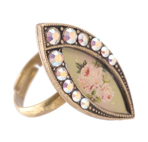 Michal Negrin Timeless Spark Collection Adjustable Ring, Garnished with White Roses Biconvex Cameo and Aurora Borealis Swarovski Crystals