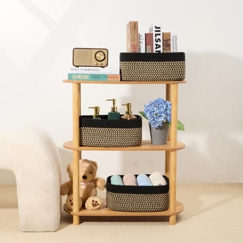 MiniArk Small Storage Baskets for Organizing | Closet Organizer Bins | Shelf Toy Basket | Woven Rope Baskets | Cube Decorative Box | Shallow Basket | 13x8.5x5.1” | 4 Packs Black Brown