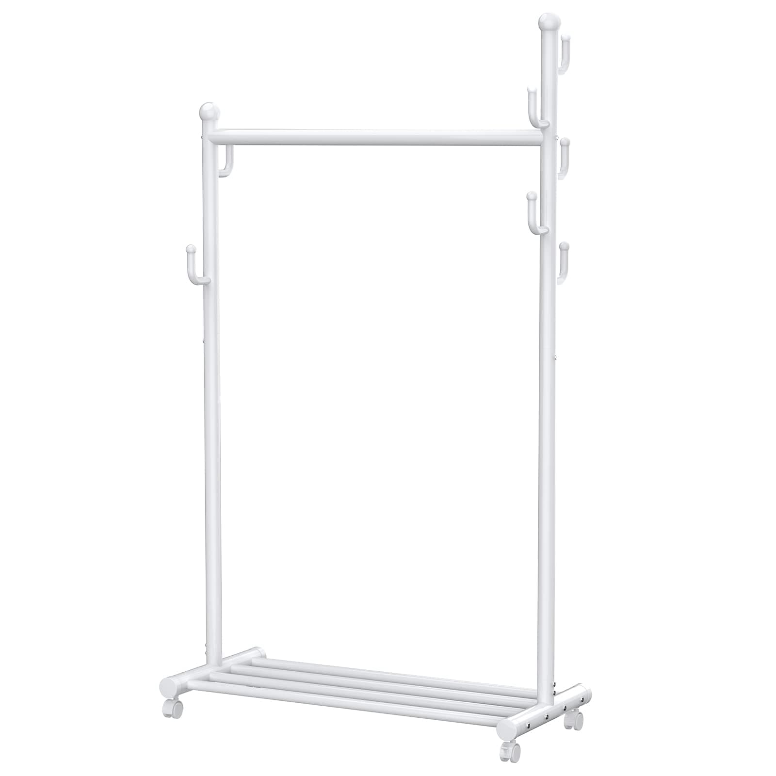 SINGAYE Clothes Rack 2-in-1 Coat Rack Rolling Garment Rack with Bottom Shelves, 7 Side Hooks, Lockable Wheels, Rolling Closet Organizer (White)