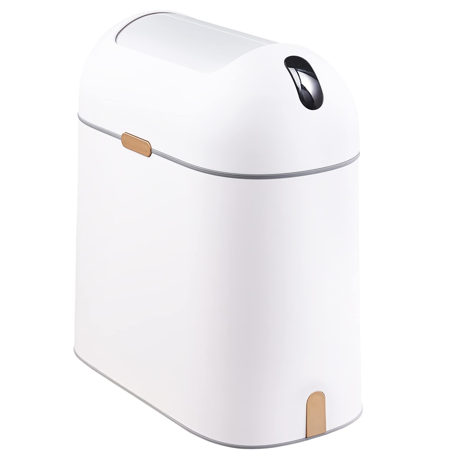Bathroom Trash Can, 2.5 Gallon Motion Sensor Waterproof Trash Bin with Butterfly lid, Bathroom Decor Waste Basket Garbage Bin for Bedroom Kitchen and Office use, White with Golden Button