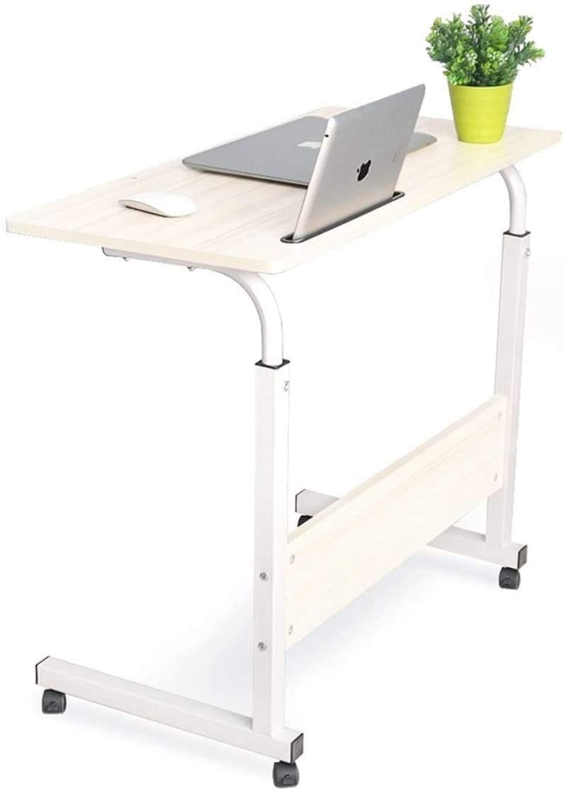 TIM Laptop Table Desk Stand Mobile Computer Workstation Height Adjustable with Phone Holder Rolling Wheel Movable for 17 Inch Laptop Bedroom Living Room Office White Maple Ultra Big Desktop 80 X 40cm