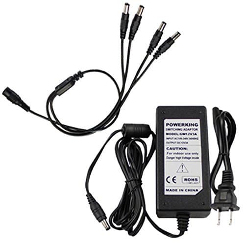 GWSecurity AC to DC Wall Power Supply Adapter - 12V DC 3A, 5.5mm - 2.1mm for For 110V- 240V AC 50/60Hz 2.1mm Plug (12V 3A with 1 to 4 Power Splitter)