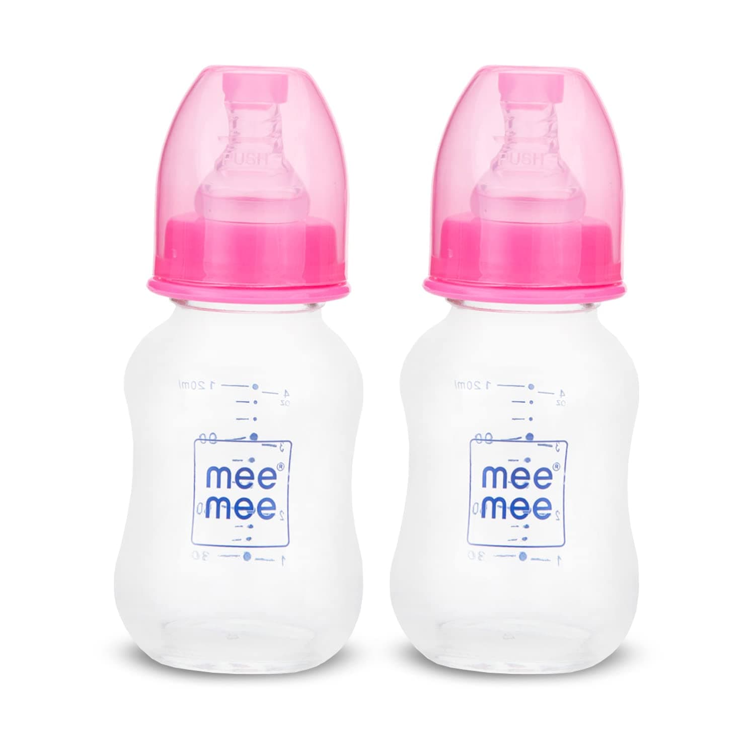 Mee Mee Premium Glass Feeding Bottle with Eazy-Flow Technology, Anti-Colic Valve,Anti Slip,BPA-Free Baby Feeding Bottle for Babies & Toddlers(Pink, 120Ml,Pack of 2)