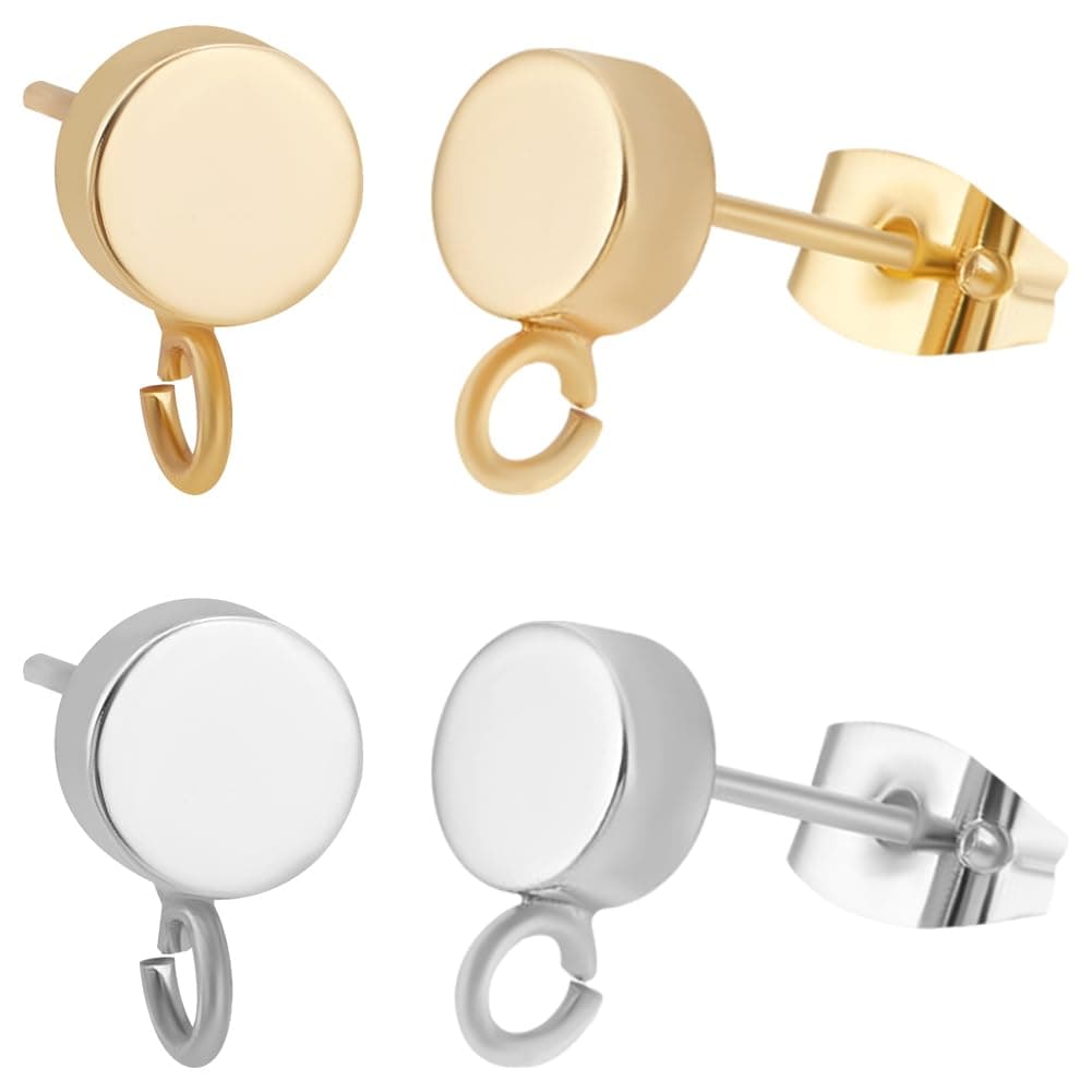 Beebeecraft 20Pcs Flat Round Stud Earrings with Loop 18K Gold & 925 Sterling Silver Plated Earring Posts Findings for Jewelry Making