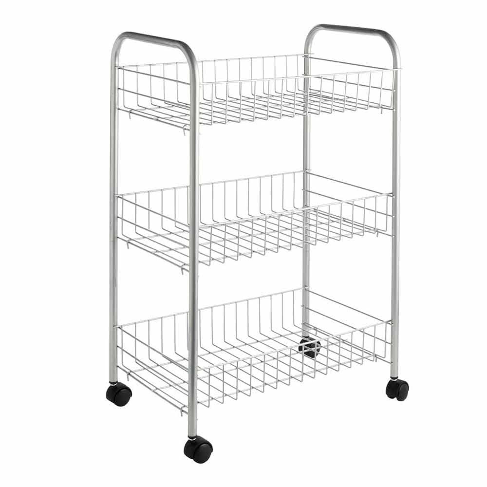 wilko 3 Tier Trolley on Wheels - Storage Rack - Kitchen, Utility Cart - Chrome Plated Organiser - 3 Shelves Slide Out Rolling Cart - Narrow Design - Silver