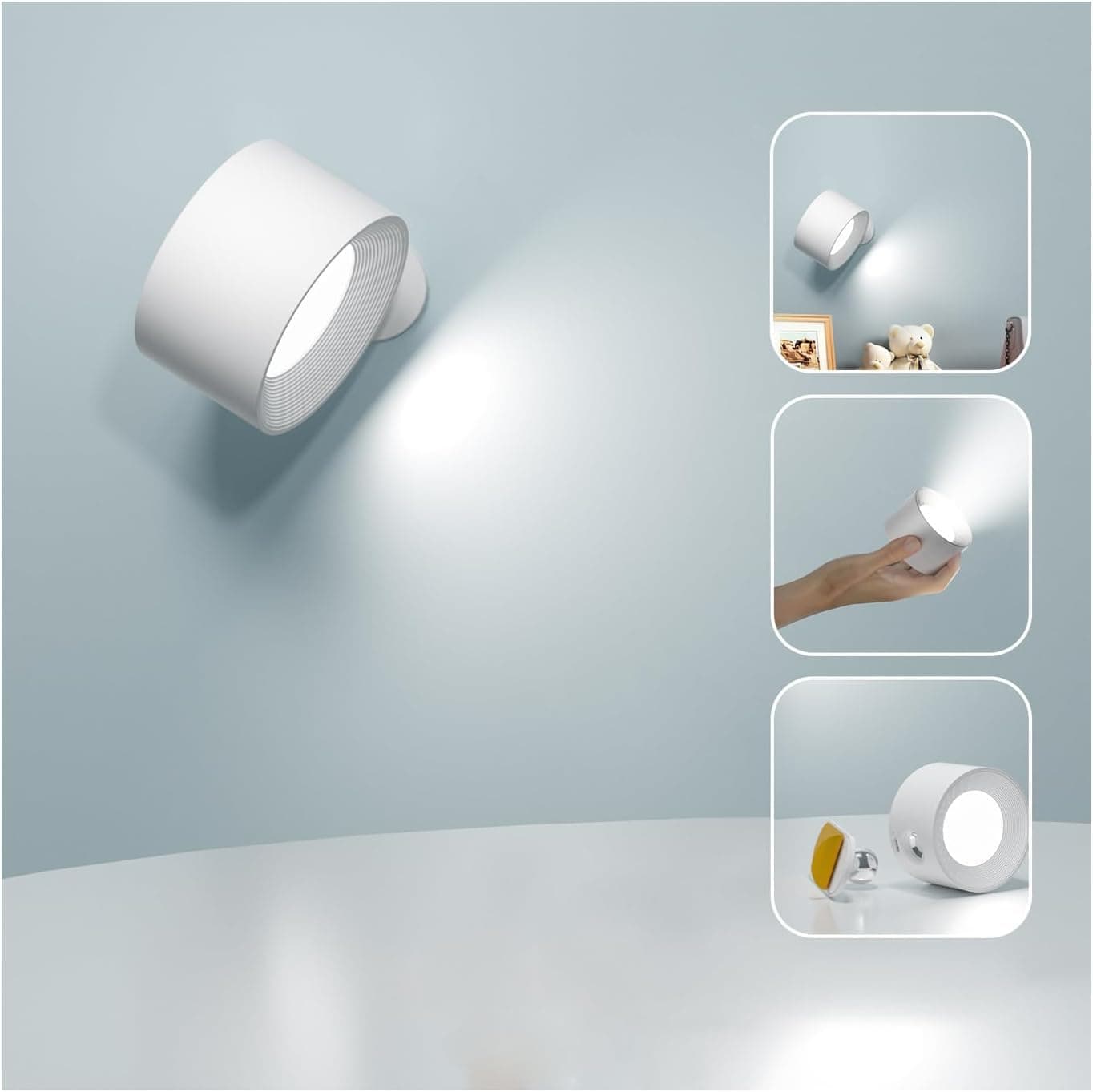 LED Wall Sconce, Wall Mounted Lamp with Rechargeable Battery Operated 3 Color Temperature & 3 Brightness Level 360°Rotate Magnetic Ball, Cordless Wall Light for Reading Bedside-White