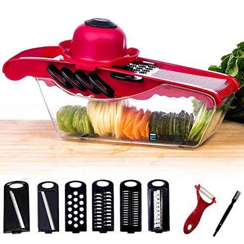 Mandoline Vegetable Slicer Cutter Chopper -Easell 6 Interchangeable Blades with Peeler, Hand Protector,Storage Container - Cutter for Potato,Tomato, Onion, Cucumber,Cheese etc (Red)