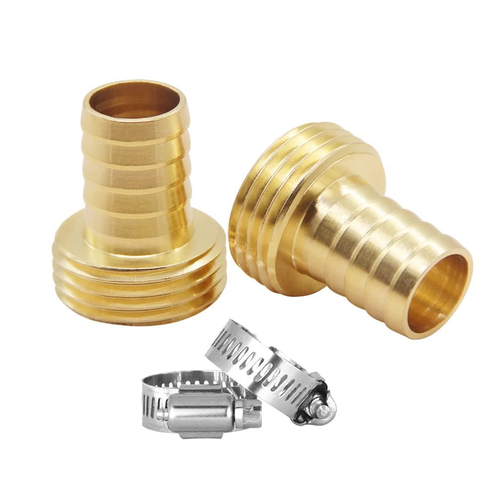 Hooshing 2PCS Solid Brass Garden Hose Repair Kit 5/8" barb x 3/4" Male GHT Thread Hose End Mender Water Hose Connector with Stainless Clamp