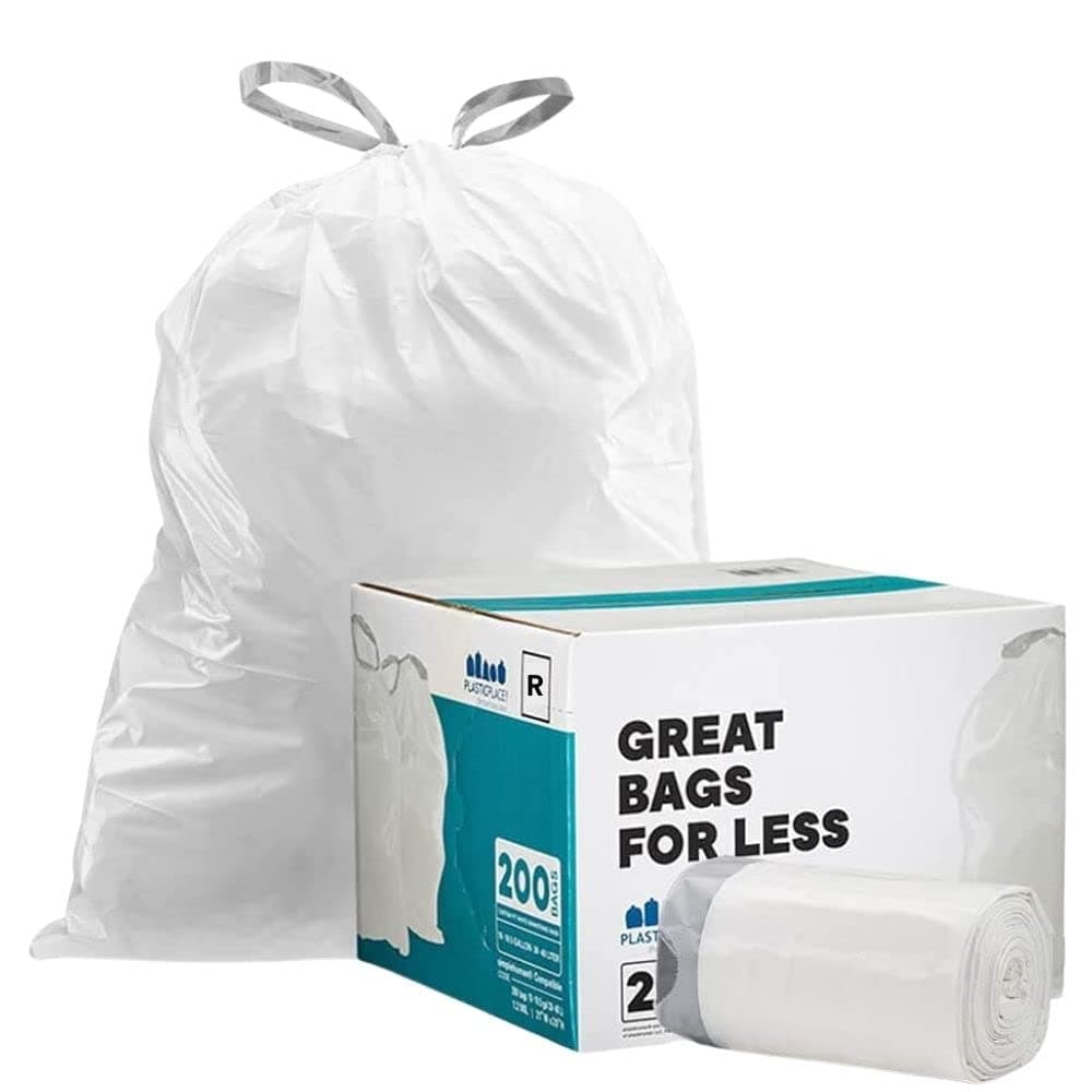Plasticplace Custom Fit Trash Bags, Compatible with simplehuman Code R (200 Count) White Drawstring Garbage Liners 2.6 Gallon/ 10 Liter 16.5" x 18"