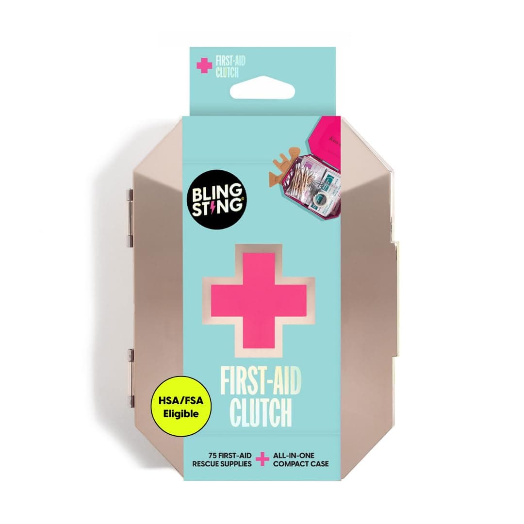 BLINGSTING First-Aid Clutch - 75 Essential Emergency Items - First-Aid Kit, Metallic Rose Gold Travel Case