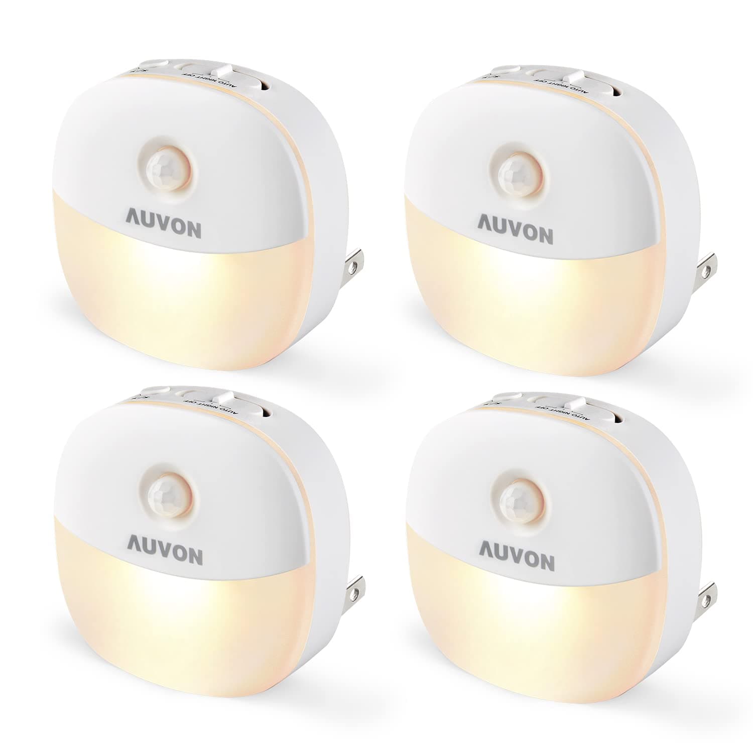 AUVON Plug in Night Light with Motion Sensor and Dusk to Dawn Sensor, Mini Warm White LED Nightlight with 1-50 lm Adjustable Brightness for Bathroom, Hallway, Stairs, Bedroom, Kitchen, 4 Packs