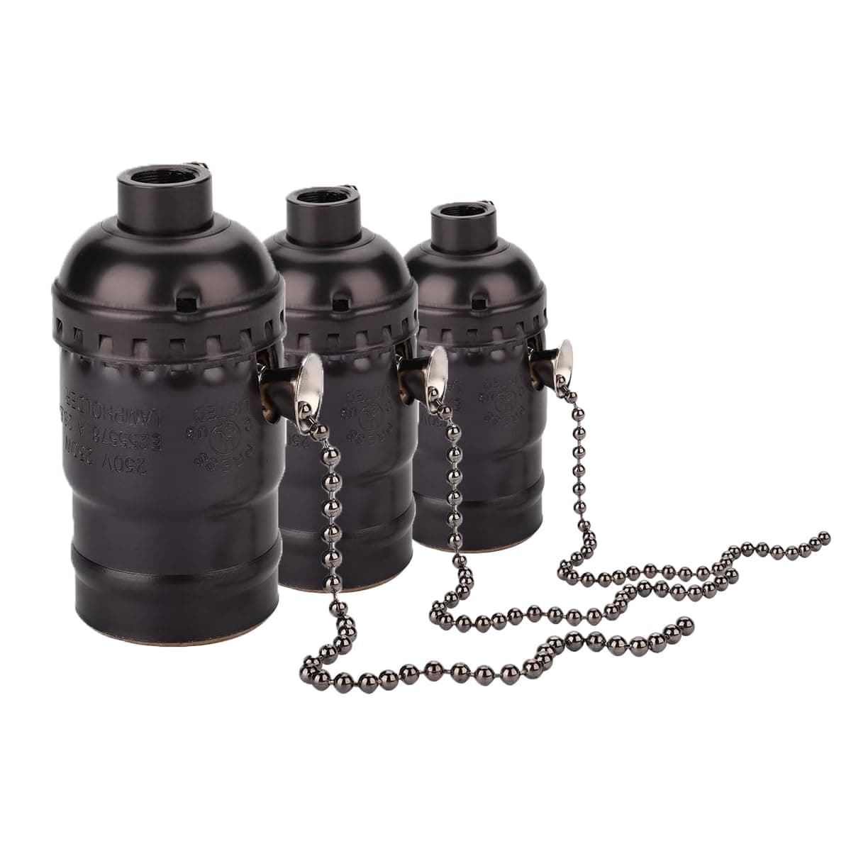 Set of 3 Vintage E27 Bakelite Sockets with Chain Switch