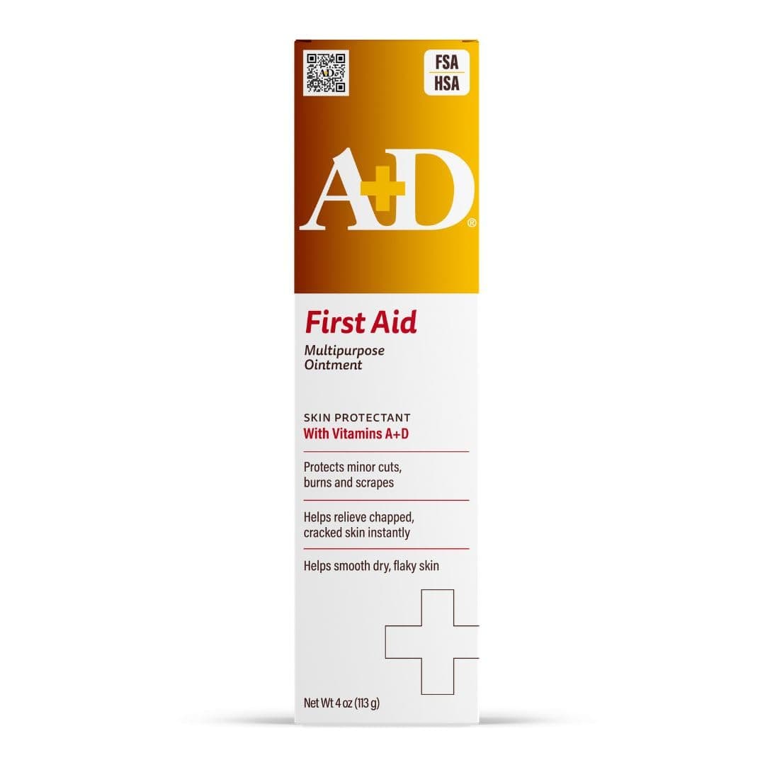 A+D First Aid Multipurpose Healing Ointment - Moisturizing Skin Protectant for Dry Cracked Heels, Elbows, Hands and Lips - Protects Minor Cuts, Burns, & Scrapes – 4 oz Tube