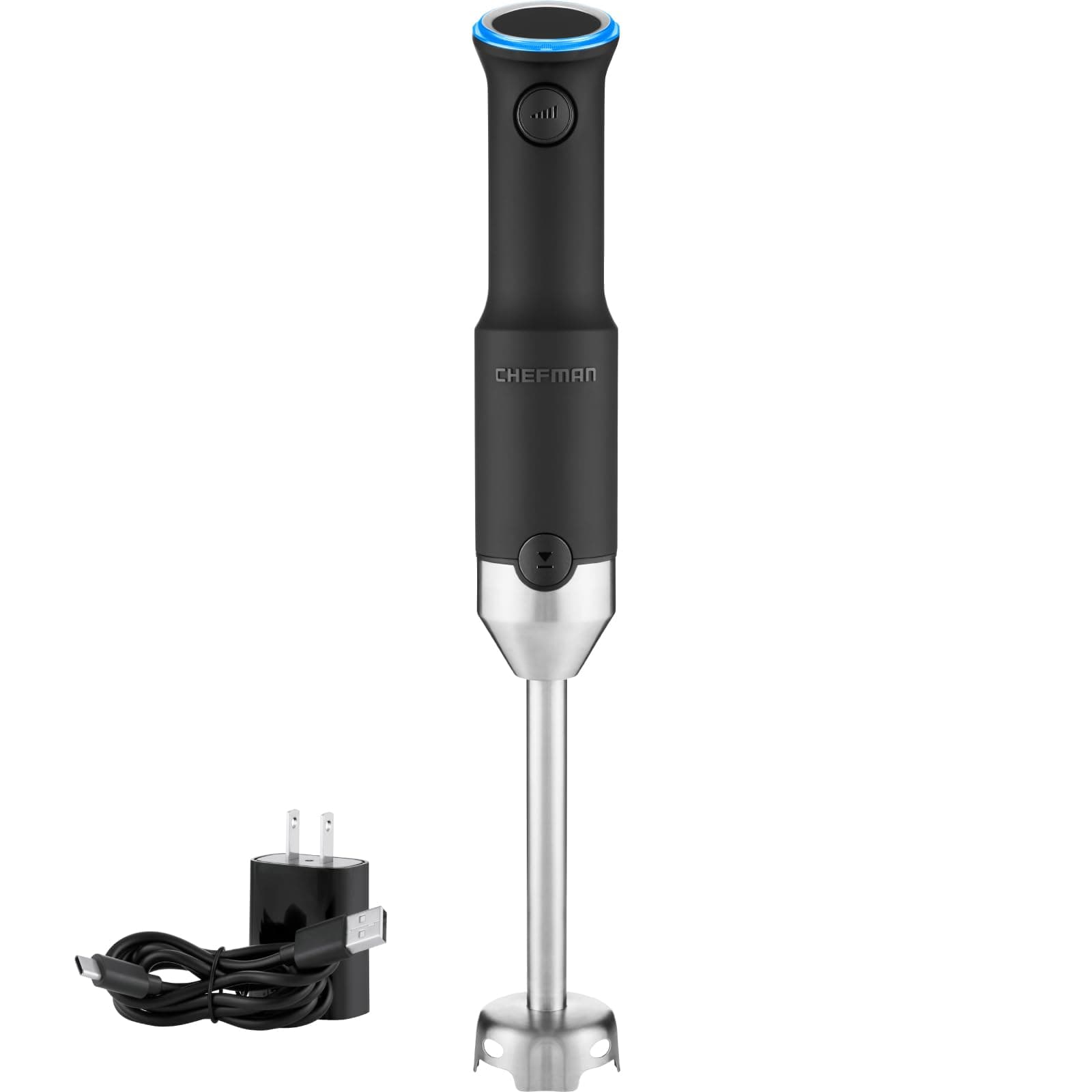 Chefman Rechargeable Variable Speed Hand Blender -Black With Stainless Blade Connector