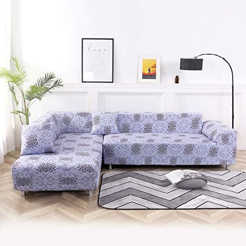 OSISLE High Elastic Printing Polyester L-Shaped Sofa Cover Non-Slip Sofa Cover; 2PCS Elastic Sleeve Sliding Cover + 2 Pillow Cases(L-Shape 3+2 Seats) (BC009)