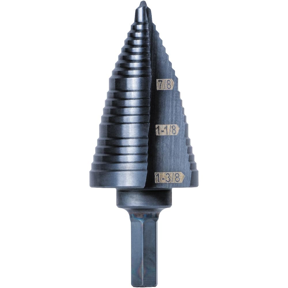 KTSB15 Step Drill Bit #15 Double Fluted 7/8 to 1-3/8-Inch with Easy-to-Read Step Markings and Targets, 3/8-Inch Hex Shank