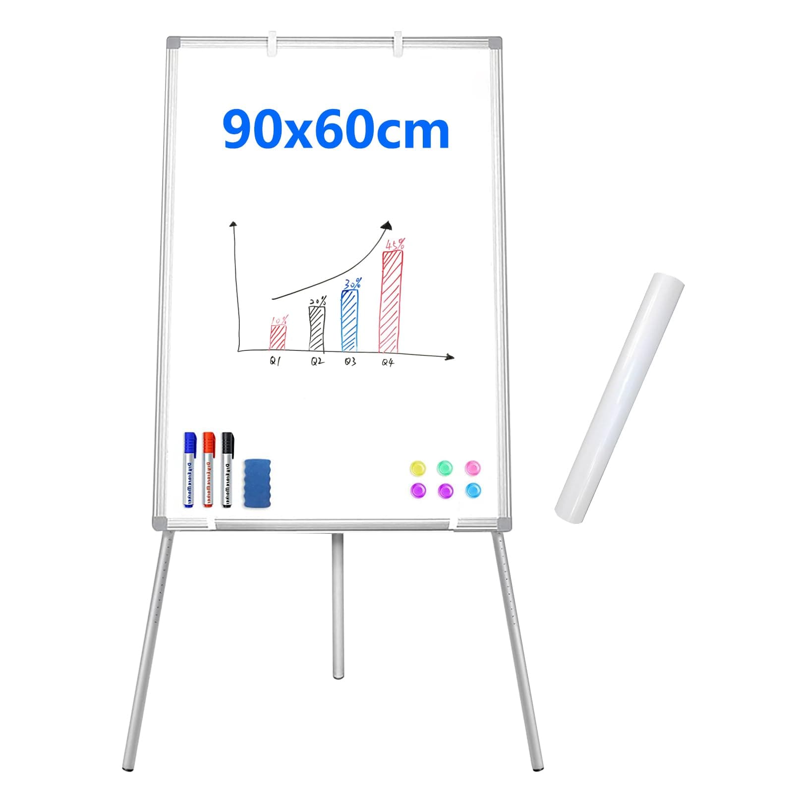Stand Whiteboard, Magnetic Dry Erase Board with Easel, Foldable Adjustable Height Tripod, Suitable for Office, Home, Classroom, Includes Accessories and Whiteboard Paper (25 Sheets), 90x60cm