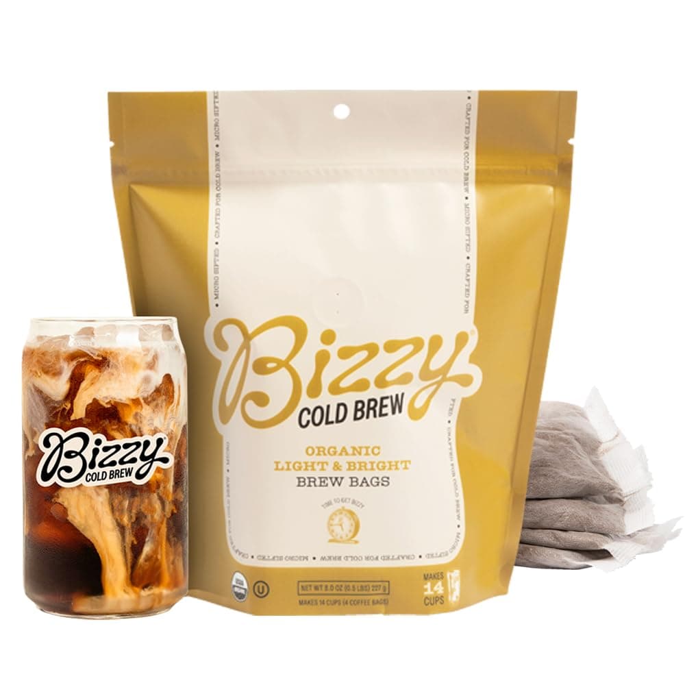 BizzyOrganic Cold Brew Coffee | Light & Bright Blend | Coarse Ground Coffee | Light Roast | Micro Sifted | Specialty Grade | 100% Arabica | Brew Bags | 4 Count | Makes 14 CupsUSDA Organic