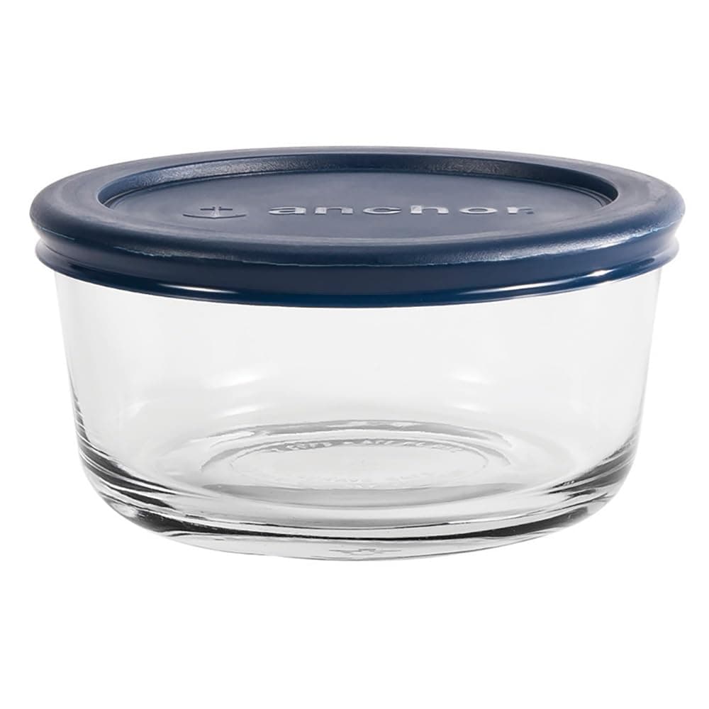 Anchor Hocking 2 Cup Glass Storage Containers with Lids, Set of 4 Glass Food Storage Containers with Navy SnugFit Lids