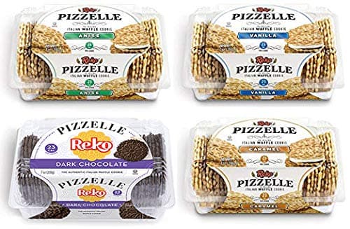 RekoPizzelle Authentic Italian Style Waffle Cookie Sampler: 1 Pack Each Anise, Dark Chocolate, Dulce de Leche, Vanilla