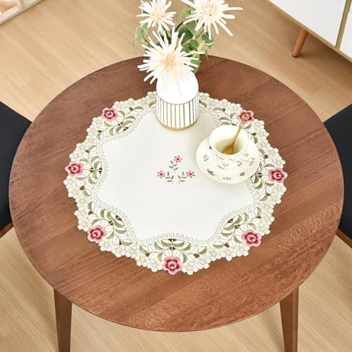 2 Pack Small Round Doily Embroidered Place Mat Lace Table Topper Vintage Beige End Table Cover for Coffee Wedding Dinning Party 20 Inch