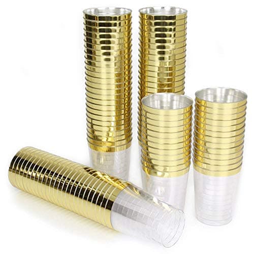 AiKOOL Plastic Cups with Gold Trim 10oz, 100 Pack Hard Disposable Clear Cups for Party or Wedding