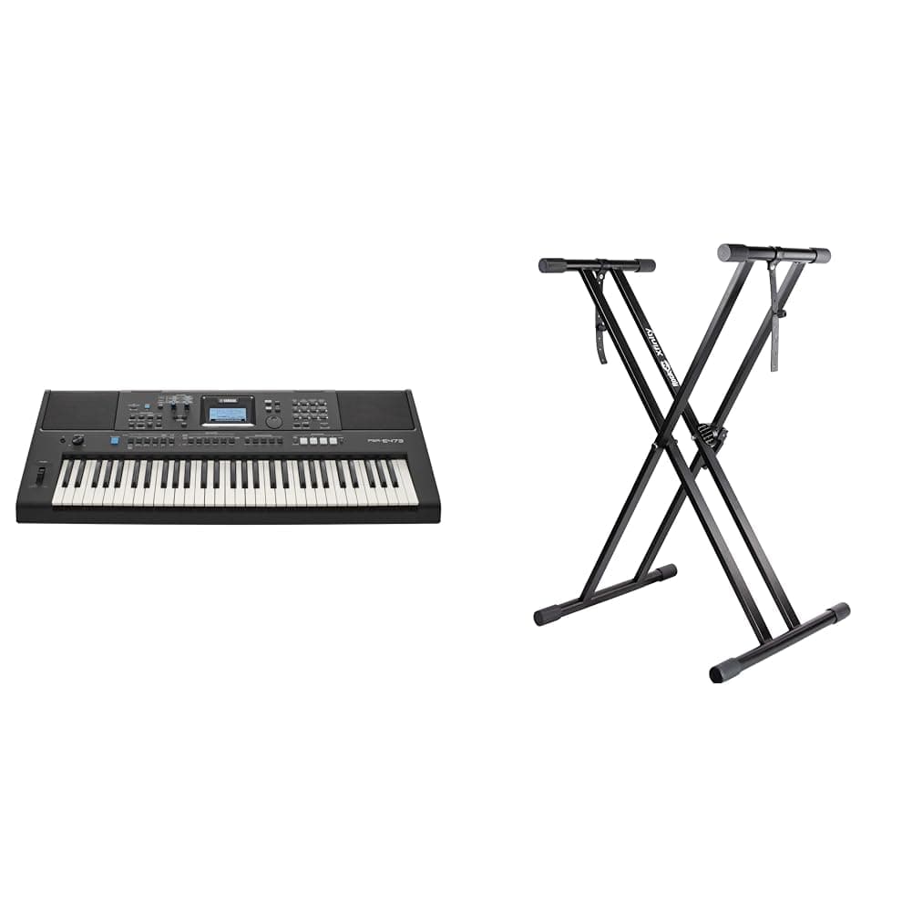 Yamaha PSR-E473 Portable, Versatile Digital Keyboard with 61 Touch-Sensitive Keys, in Black & RockJam XX-363 Xfinity Doublebraced Pre Assembled Keyboard Stand with Locking Straps & Lessons.,Black