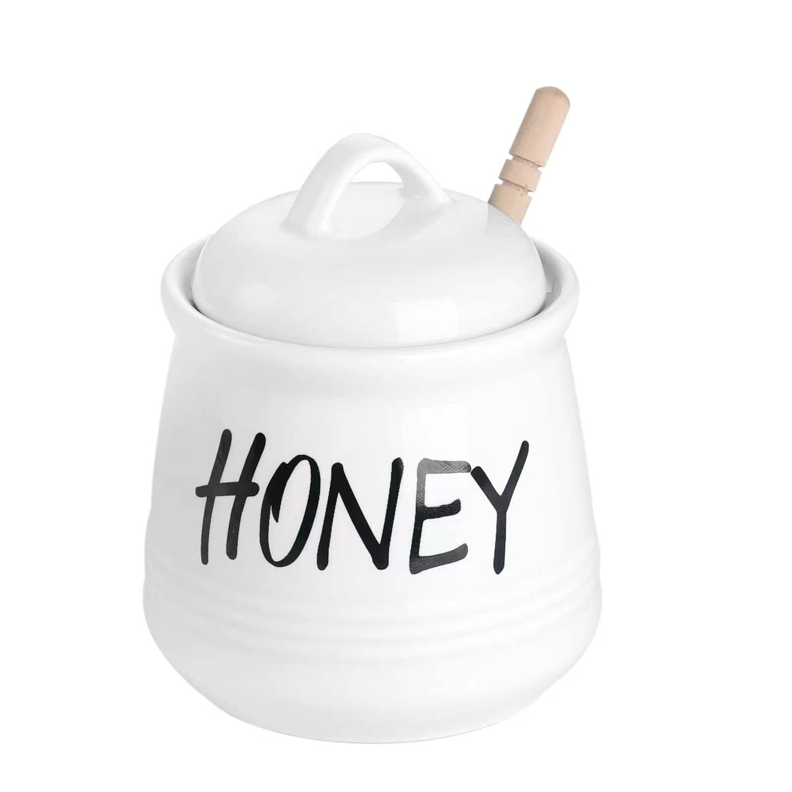 HAOTOP Porcelain Small Honey Jar with Lid and Honey Dipper 12oz (White)