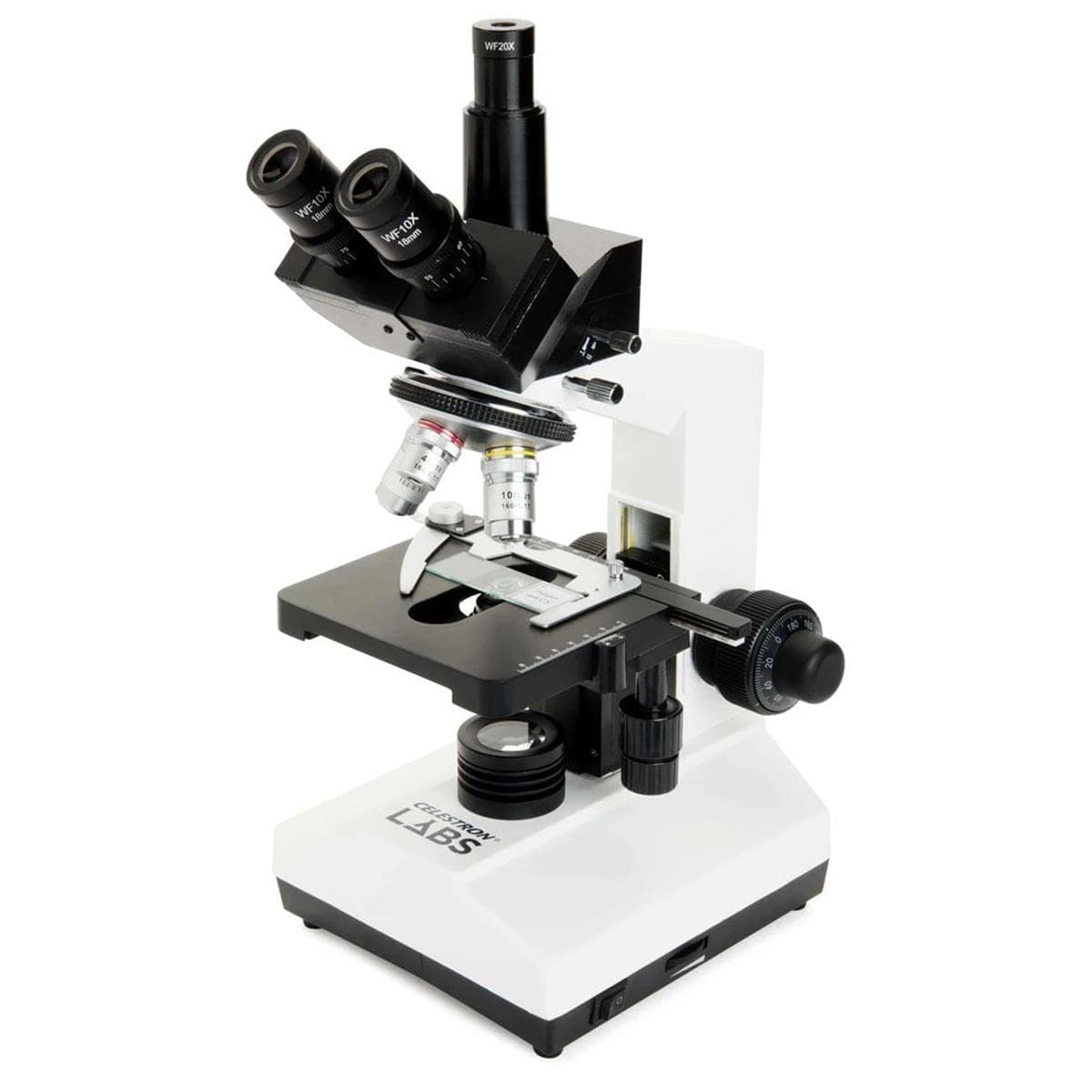 Celestron CB2000CF Compound Binocular Microscope w/40x - 2000x power, mechanical stage, Abbe condenser, 4 Fully achromatic objectives, 10x and 20x eyepieces, course and fine focus, 10 prepared slides, 3 color filters, emersion oil