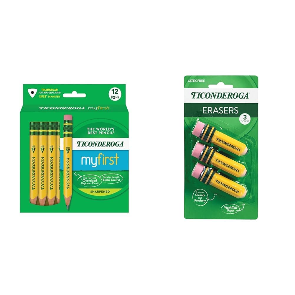 My First Short Triangular Wood-Cased Pencils, 2 HB Soft, 12 Count Erasers, Pencil Shaped, 3-Pack Bundle