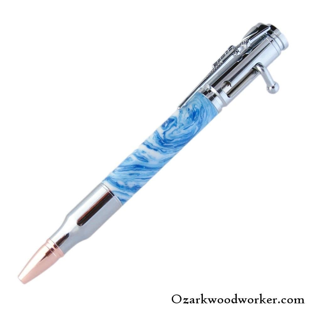 White Blue Chrome 30 Caliber Bullet Bolt Action Custom Handmade Acrylic Ballpoint Hand Turned