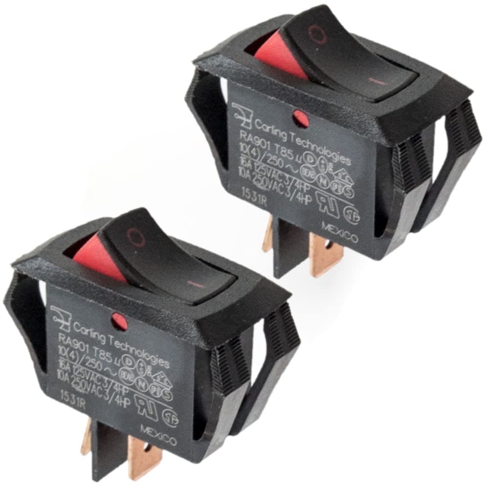 Curvette Rocker Switch RA901-VB-B-9-V | SPST ON-Off | 10A 250VAC / 16A 125VAC | Black/Red Actuator | Pack of 2
