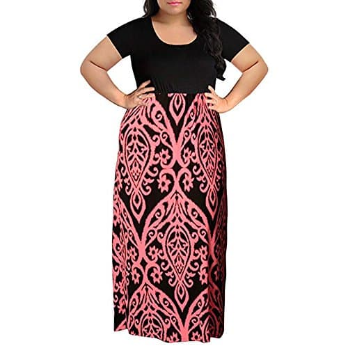 Womens Dresses Women's Print Summer Patchwork Short Sleeve Plus Size Casual Long Maxi Dress (XL, Pink)