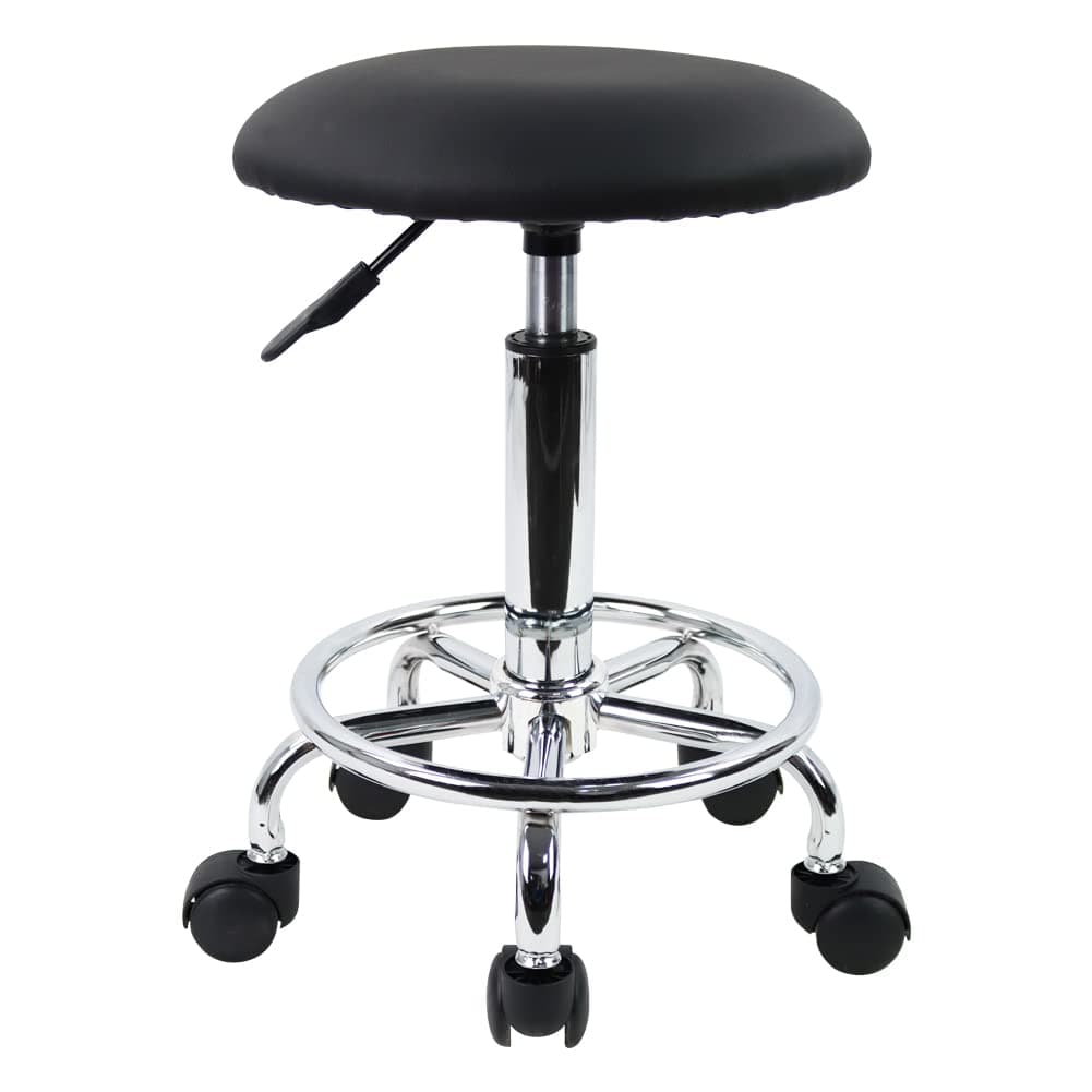 Swivel Rolling Stool with Footrest Height Adjustable PU Leather Salon Vanity Spa Massage Office Stool Chair Small (Black)