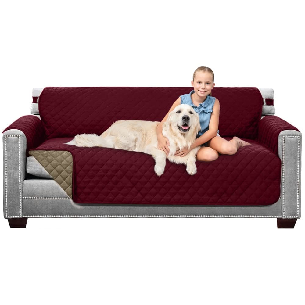 Sofa Shield Couch Slip Cover with Patented Strap, Cushion Protector, Reversible Stain and Dog Tear Resistant Slipcover, Quilted Microfiber 70in Seat, Washable Covers for Dogs Pets Kids, Burgundy Tan