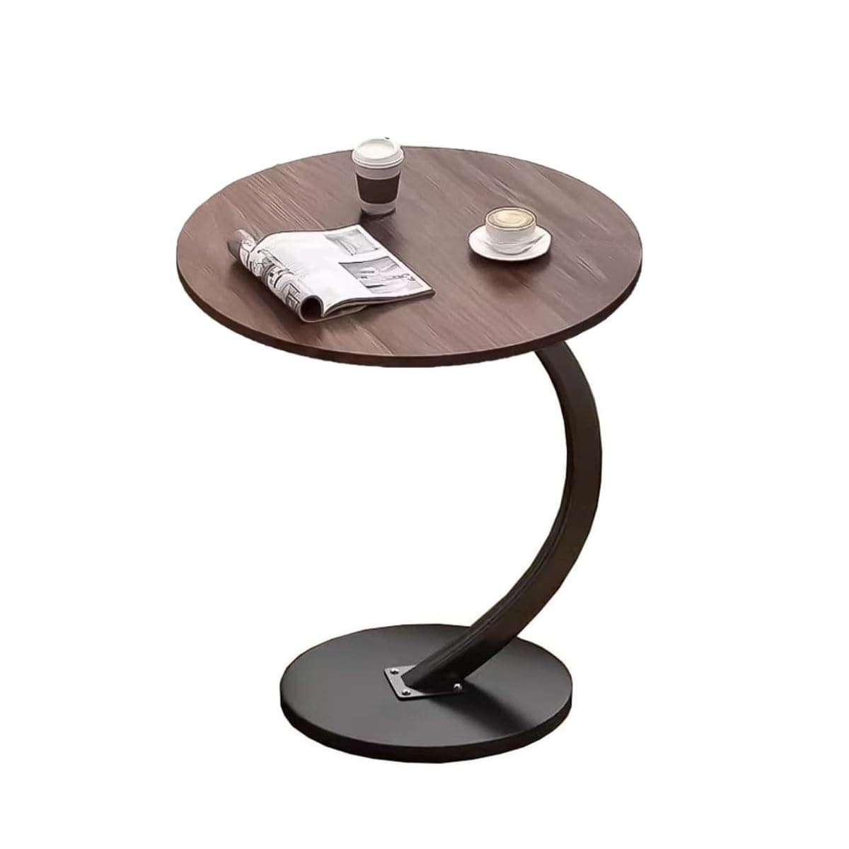 SKY-TOUCH Round End Table : Metal Frame Couch Side Table Wood Sofa Table for Living Room Bedroom Bedside Laptop Snack Coffee (Walnut)