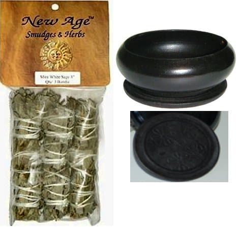 New Age 3 Pack Smudge Cedar Sage, White Sage and Blue Sage Set with 'Uplifiting Therapies' Black Smudge Pot Smudging Kit
