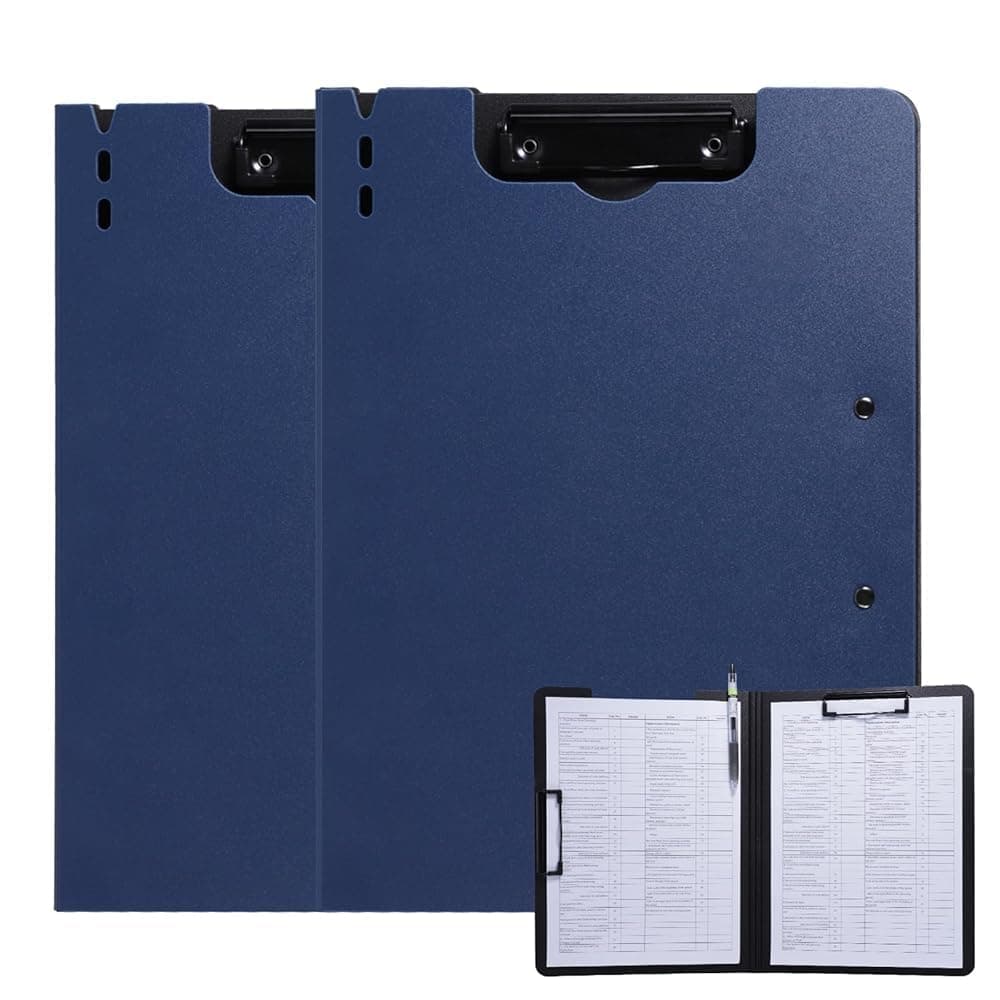 Clipboard Folder, 2 Pcs A4 Foldable Clipboard with Horizontal and Vertical Double Metal Clips, 360 Degree Foldable Binder Clipboards with Pen Holder, File Cover Work Folder Clipboards, Blue