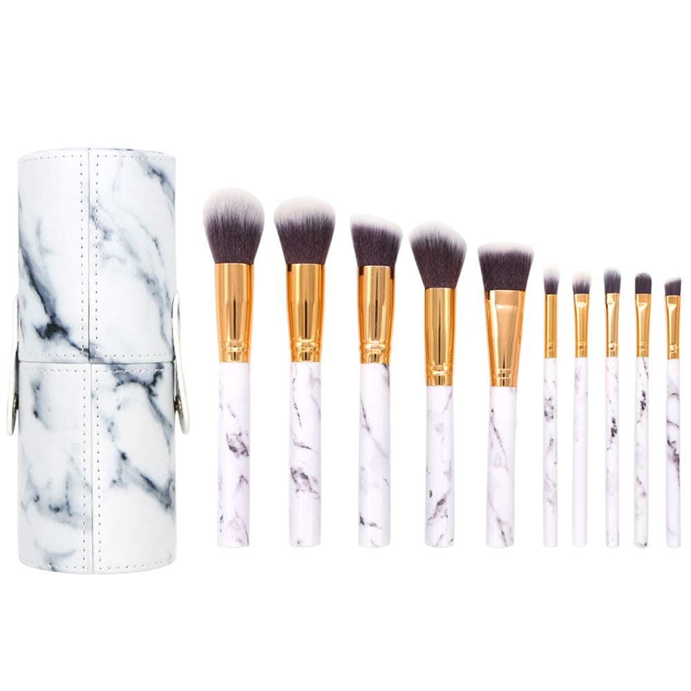 Makeup Brushes Sets,10 Pieces Marble Make Up Brush Face Eyeliner Blush Contour Foundation Cosmetic Brushes for Powder Liquid Cream with White PU Leather Holder (Marble Brushes and Holder)