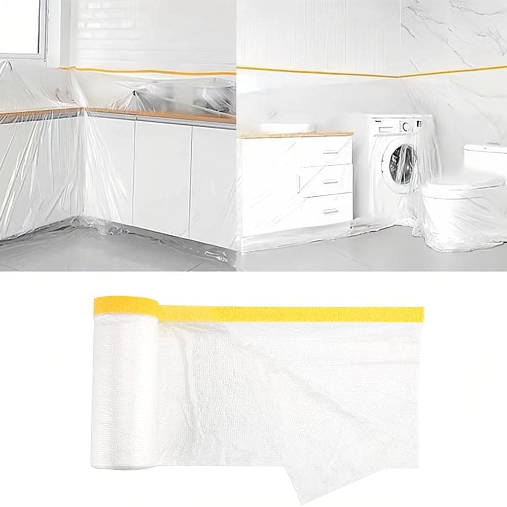 Goodern 2.7M x 20M Tape and Drape, Plastic Drop Cloth Plastic Sheeting with Masking Tape,Waterproof Dust-Proof Protective Masking Film,Prevent Dust Paint Cover for Car,Furniture,Carpet,Floor,Bed