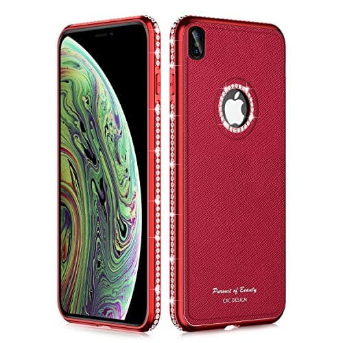 iPhone Xs Case (2018), iPhone X Case (2017) for Women Girls, Leather Bling Diamond Rhinestone Sparkle Luxury Slim Phone Cases - Scarlet Red