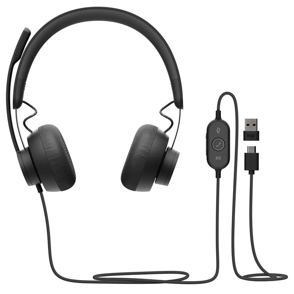 Logitech Zone 750 Wired Over-Ear Headset with advanced noise-cancelling microphone, simple USB-C and included USB-A adapter, plug-and-play compatibility for all devices - Grey