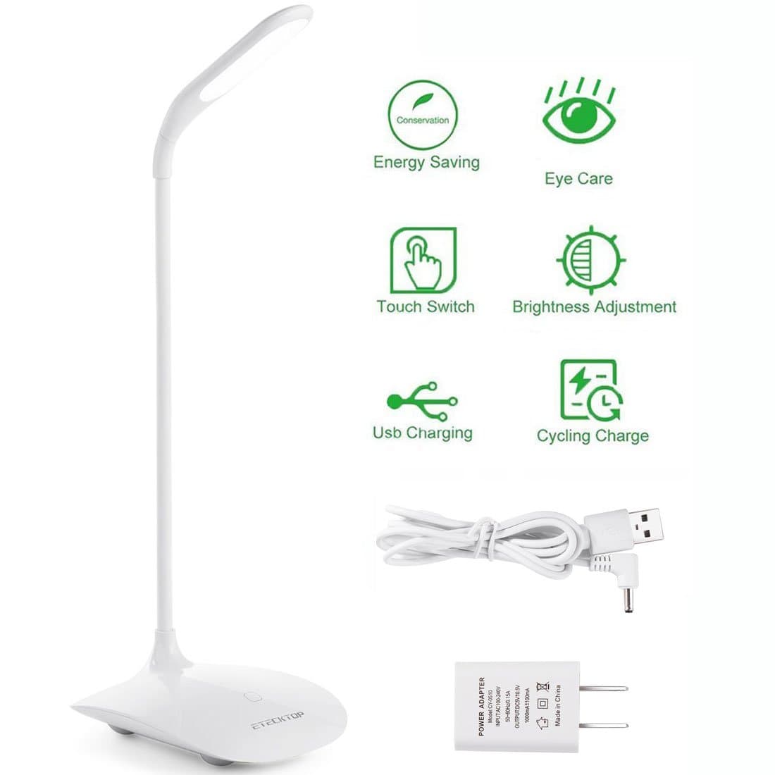 LED Desk Lamp,Yoocool Modern Stylish USB Port with Third Gear Touch Control LED Eye Lamp Brightness Adjustable Gooseneck Portable Eye-Protected Small Table Lights (White Clip On)