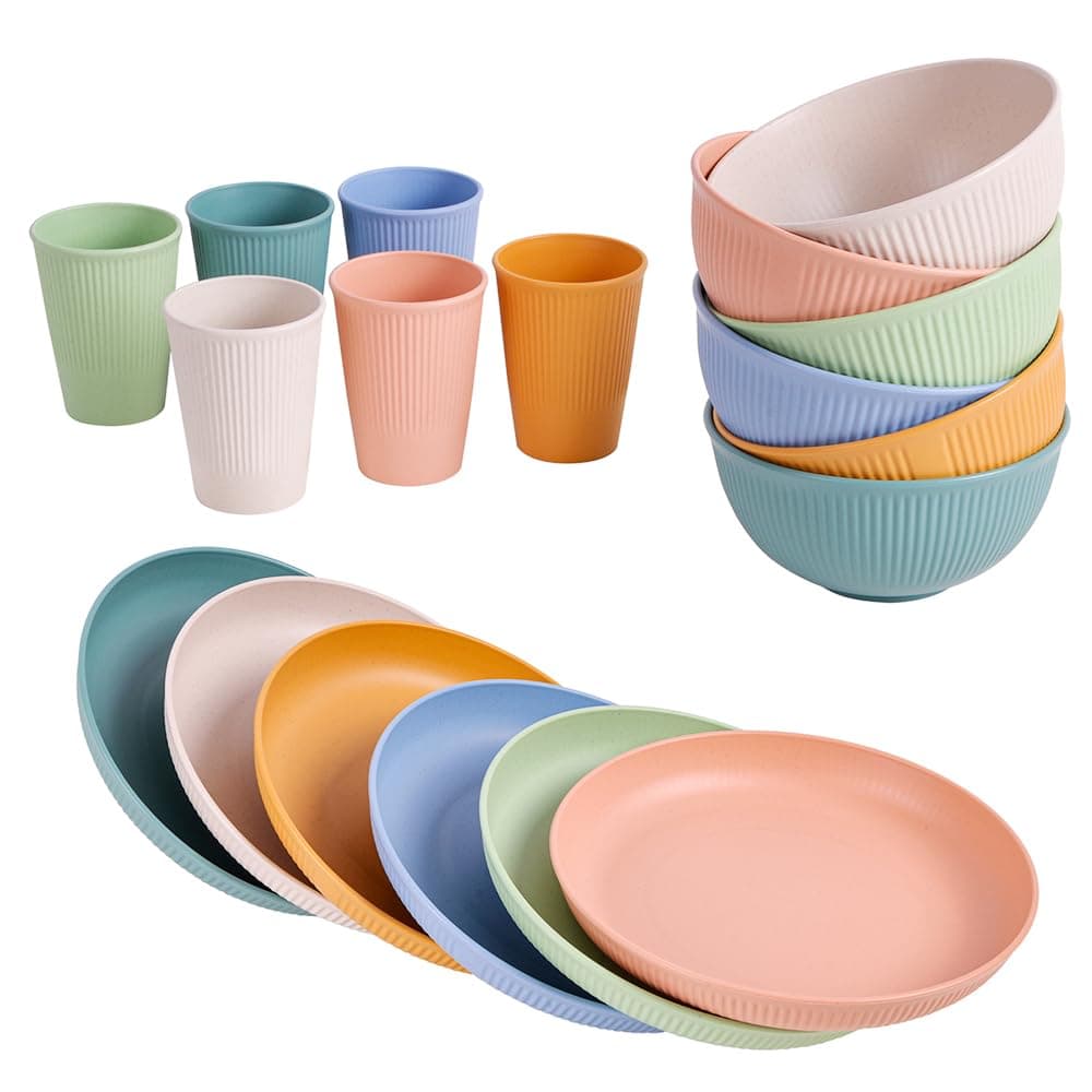 18pcs Wheat Straw Dinnerware Sets, HXYPN Unbreakable Reusable Dinnerware Set Kitchen Cups Plates and Bowls Sets Dishwasher Microwave Safe Multicolor