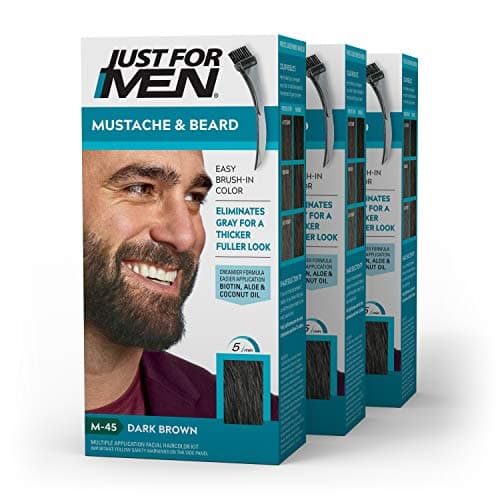 Just For Men Mustache & Beard, Beard Dye for Men with Brush Included, With Keratin Biotin Aloe and Coconut Oil for Healthy Facial Hair - Dark Brown, M-45, Pack of 3 (Packaging May Vary)